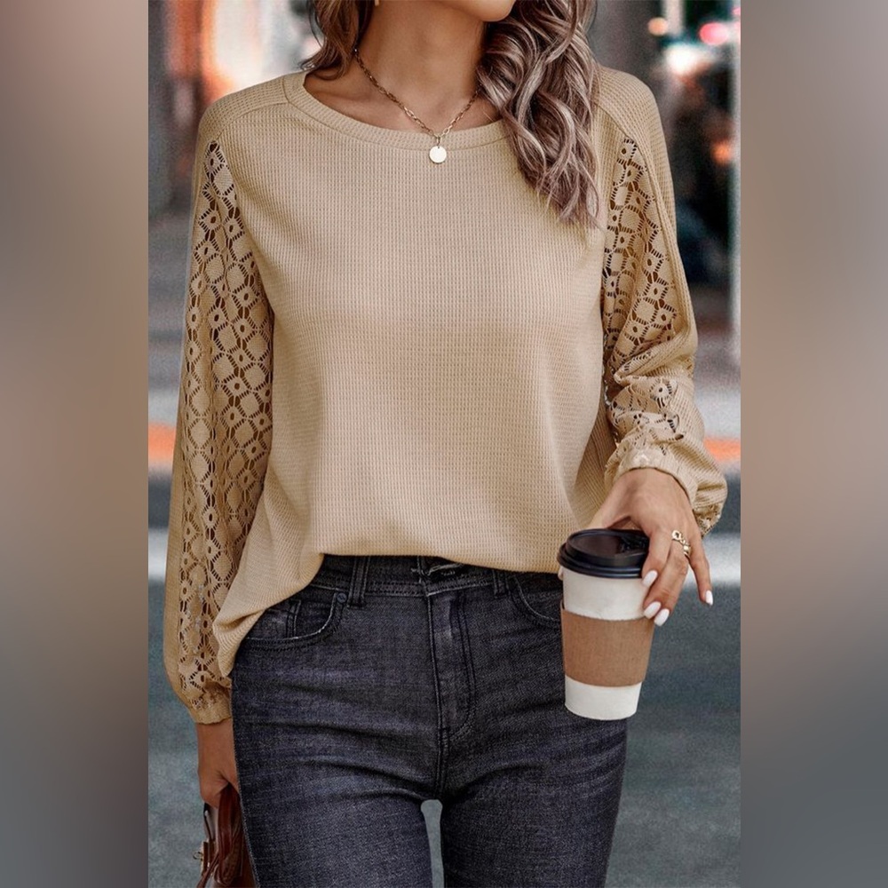 Beige Lace Sleeve Waffle Knit Top - Picture 7 of 9